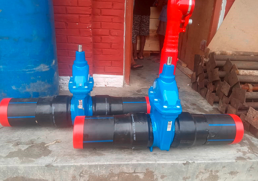 AVK gate valves with PE ends ready for installation at the construction site in Nepal